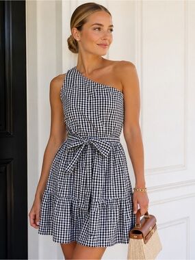 vineyard vines one shoulder dress VINEYARD VINES Silk Blend Ruffle One-Shoulder Dress Blue Palm Leaf Size 2  $198